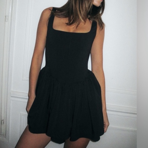 Zara Ruched Corset Dress Black Square Neck V-Waist Size L - Picture 9 of 15